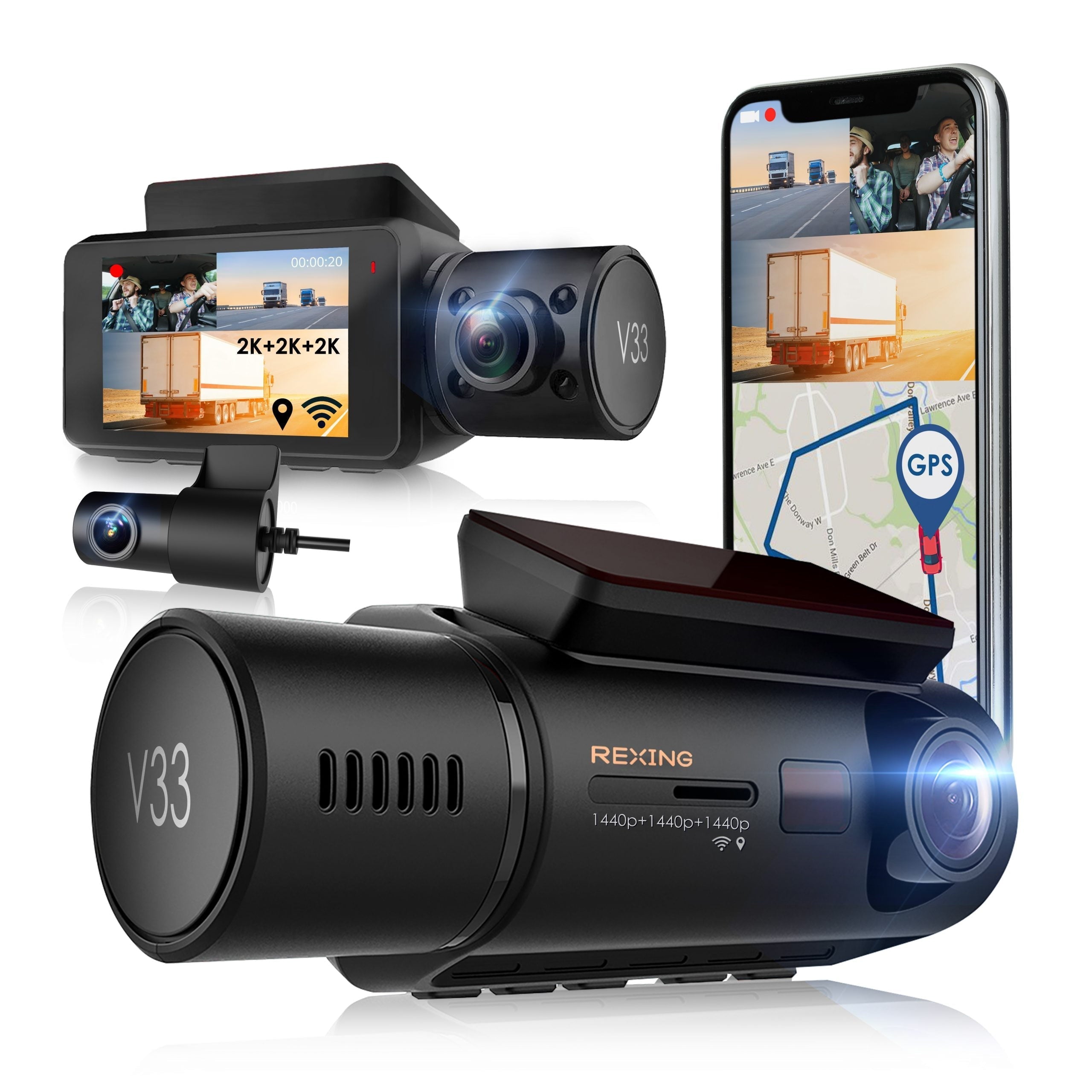 Rexing V33 3 Channel 1440p+1440p+1440p Front, Cabin and Back Camcorder Dashcam with Built-in Wi-Fi & GPS
