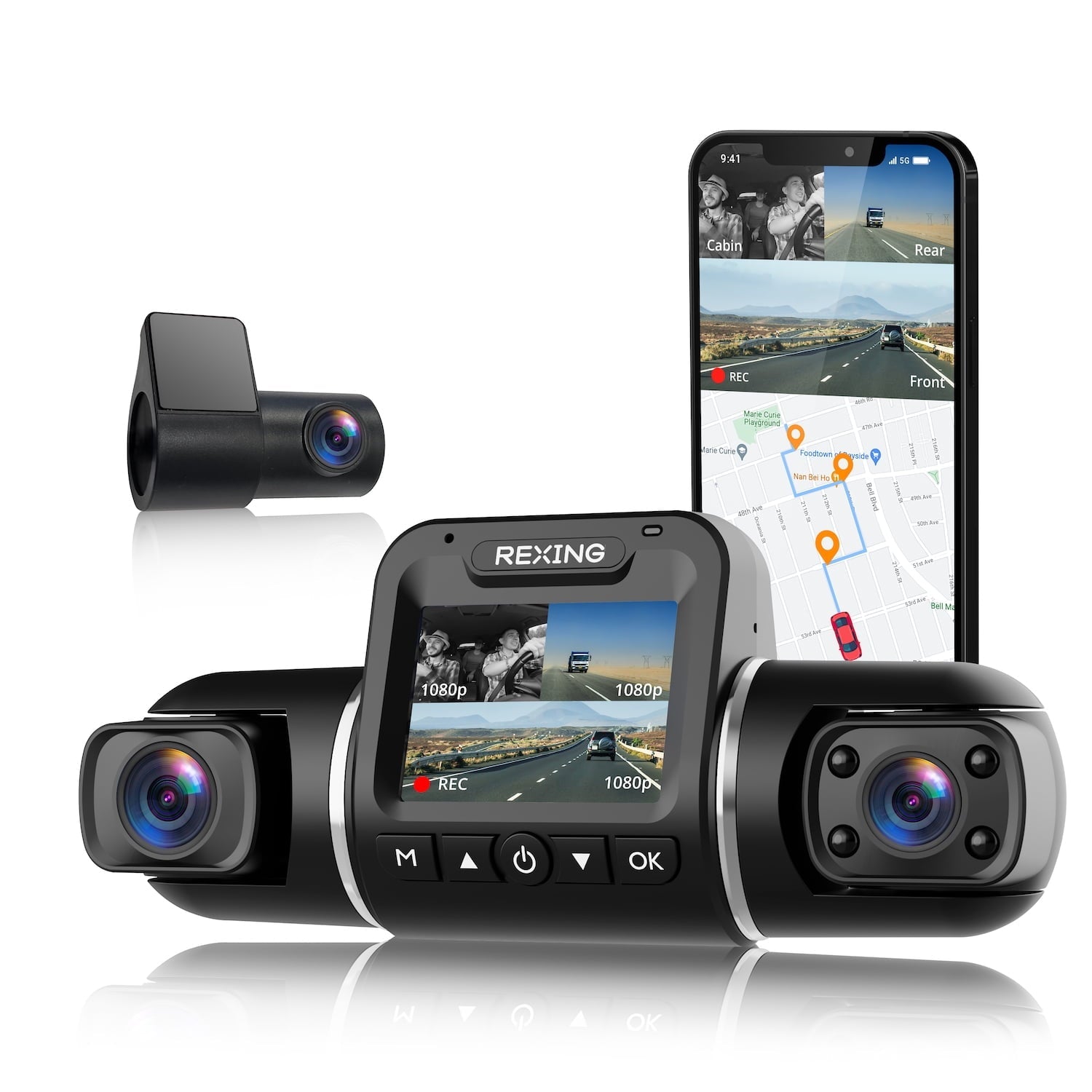 Rexing V2 Pro AI , 3-Channel Front/Cabin/Rear 1080p Recording with Wi-Fi and GPS