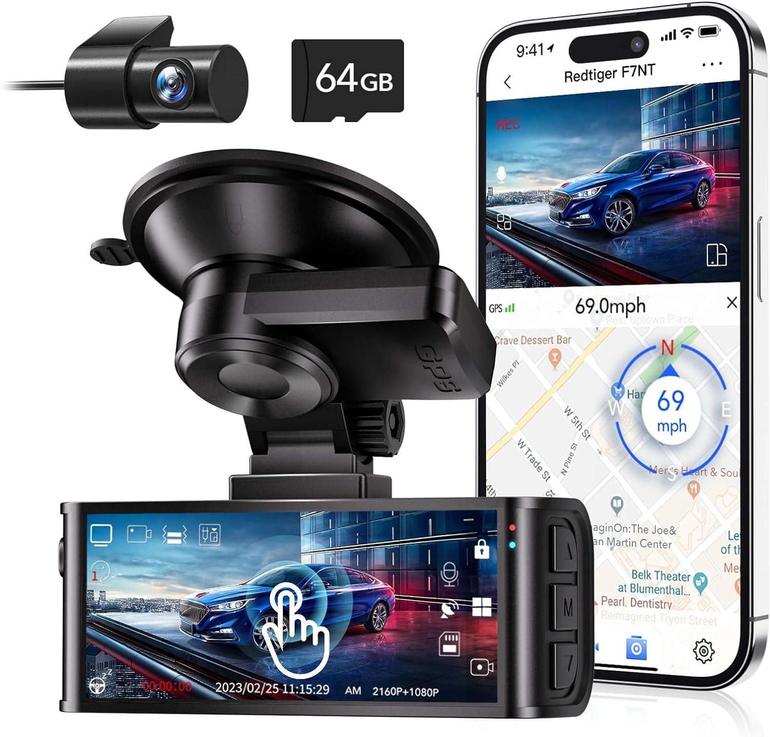 4K driving recorder front and rear, touch screen 3.18 inches, free 64GB card, Vehicle driving recorder built-in WiFi GPS, UHD 2160P Dark vision, WDR, p