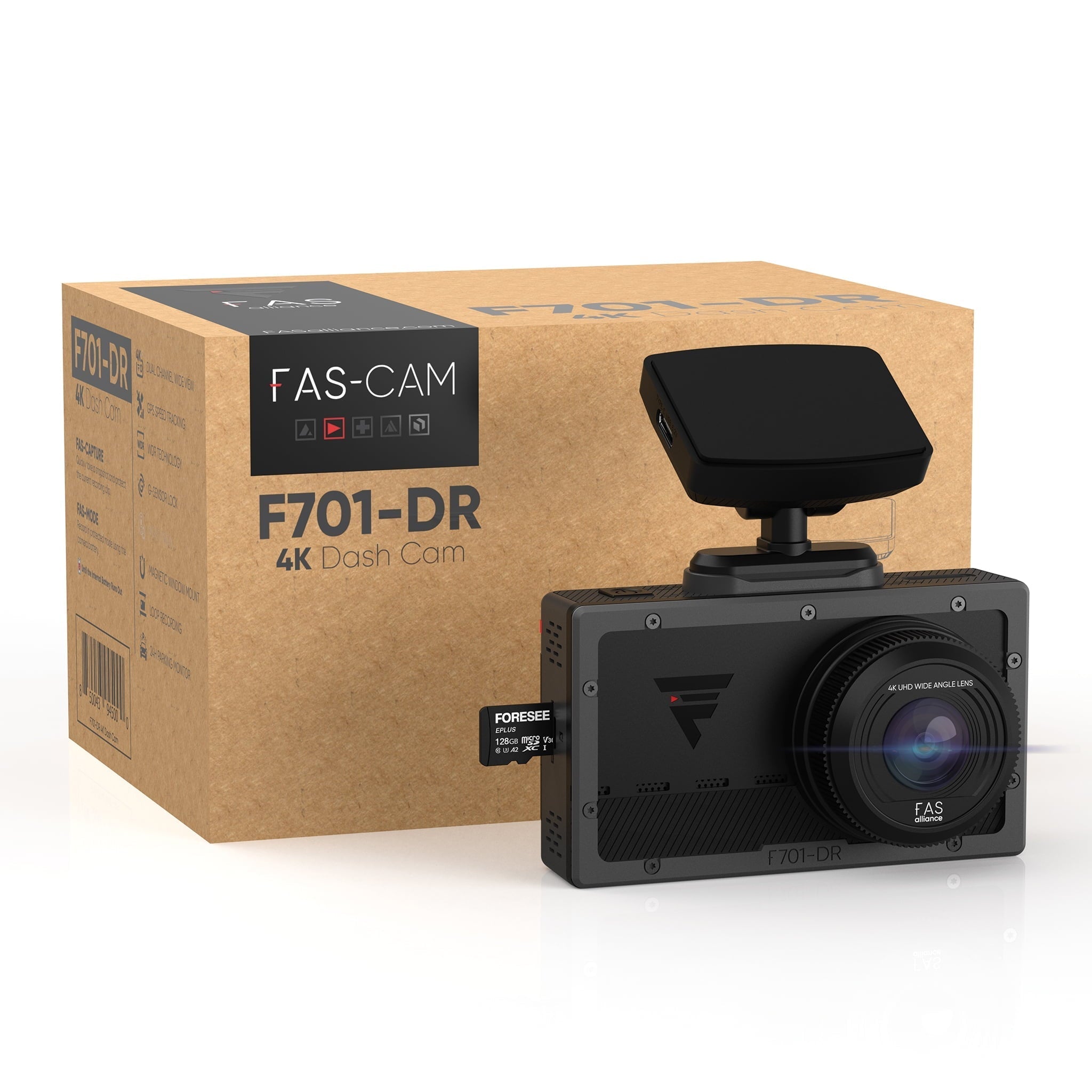 FAS alliance Upgraded F701 Include Free 128G SD Card, 4K Front 3840x2160 UHD, Built-in GPS, 135.6¡ã Broad Field of view Dashboard Camcorder Recorder with Top Tier Sensor, with Loop Record, G-Sensor