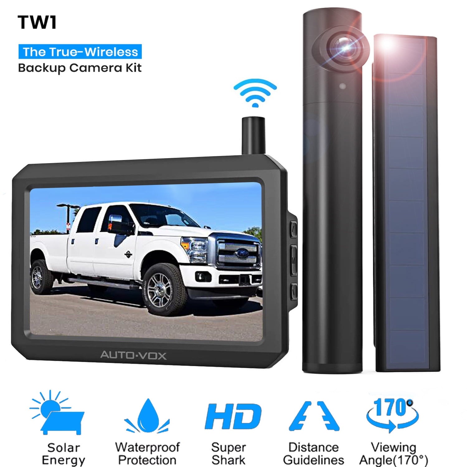 Auto-Vox Solar Wireless Backup Lens for Campervans, 2 Channel Wireless License Plate Back Up Behind Sight Lens with Solar Panel for Trucks Trailers (TW1)