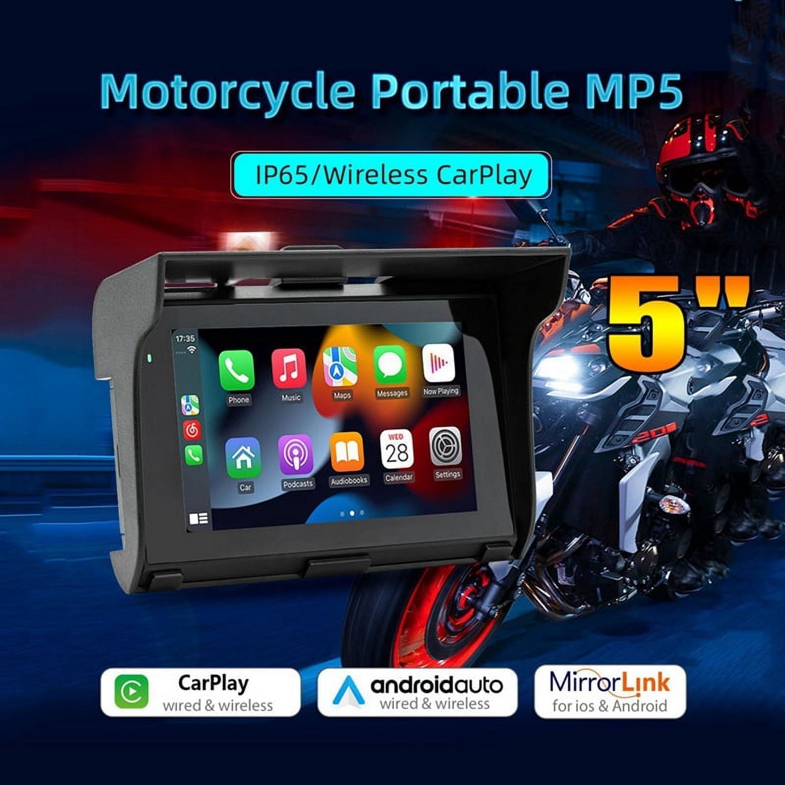 5Inch Portable Motorcycle Navigation CarPlay Android Auto Stereo Bluetooth FM IP65 Waterproof Display