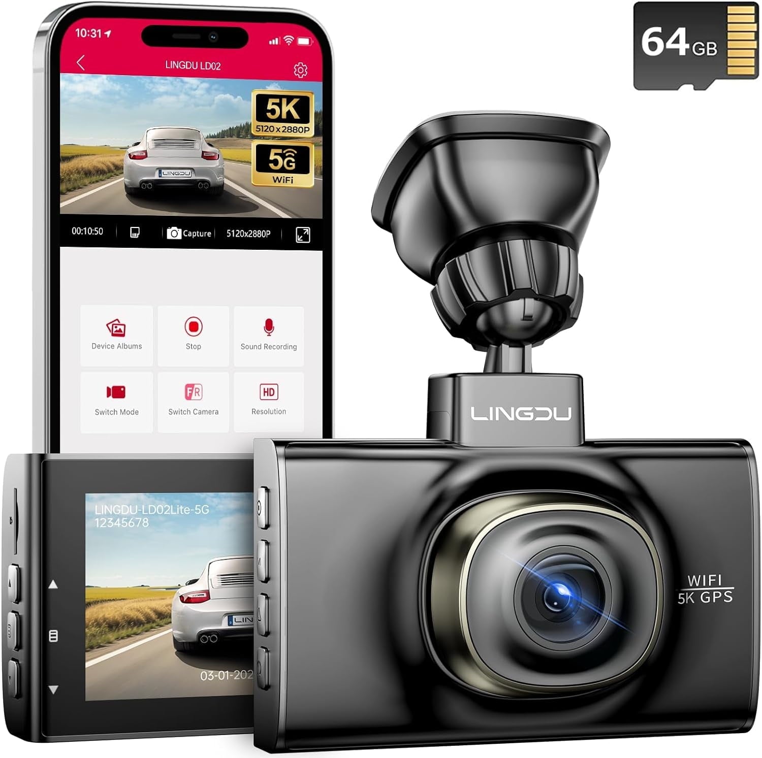 LD02 5K/4K/2.5K driving recorder with built-in 5.8GHz Wi-Fi&GPS, 3-inch IPS screen Automobile camera, Dark vision Vehicle front driving recorder, 24-hour park