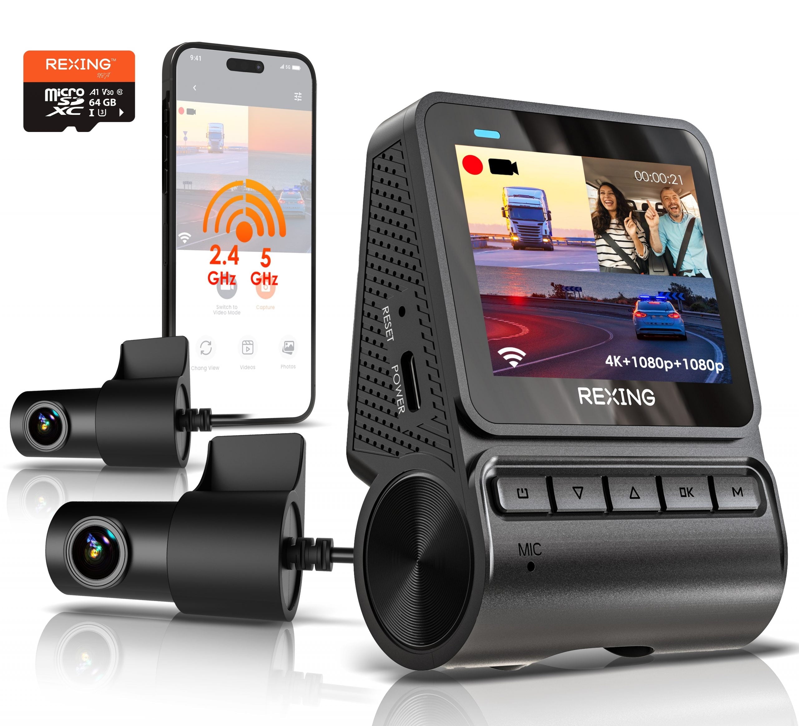 Rexing RH2-3 Triple Channel ¨C 2.5K Front and Dual 1080p Behind Cameras with Wi-Fi, Optional GPS, and 64GB Card Included