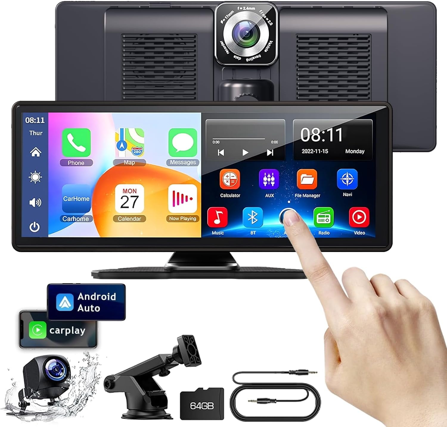 GTOTTOIND Wireless Apple Carplay Screen, Portable 10.26'' Touch Screen Android Auto with 2.5K , 1080p Backup Camera, Loop Recording, GPS Navigation, Bluetooth, Mirror Link, AirPlay