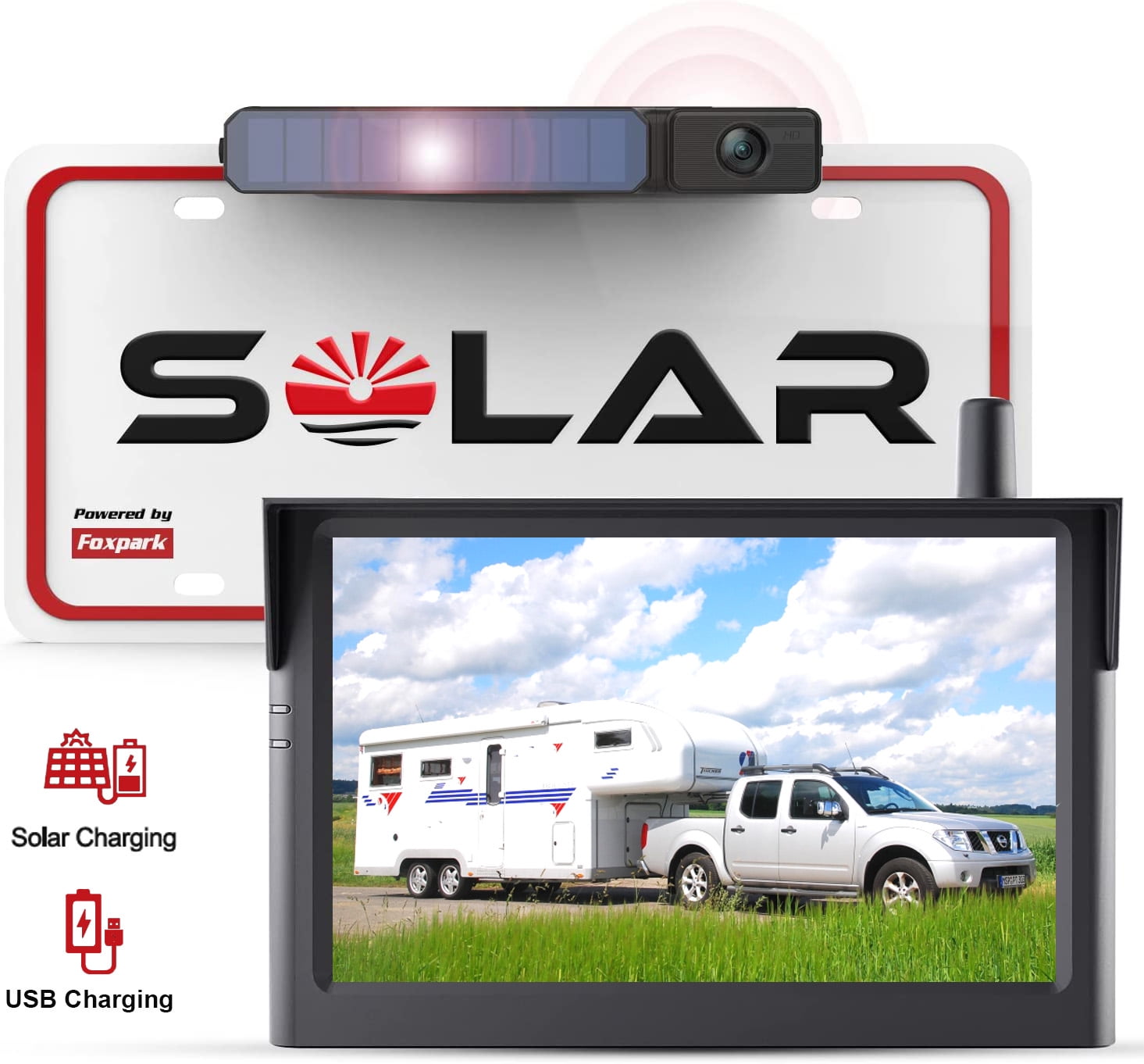 Solar Wireless Backup Recorder System for Campervans, RV Digital Behind Perspective Back Up Cameras 2 Channel Solar Charging Reverse Recorder for Van Truck