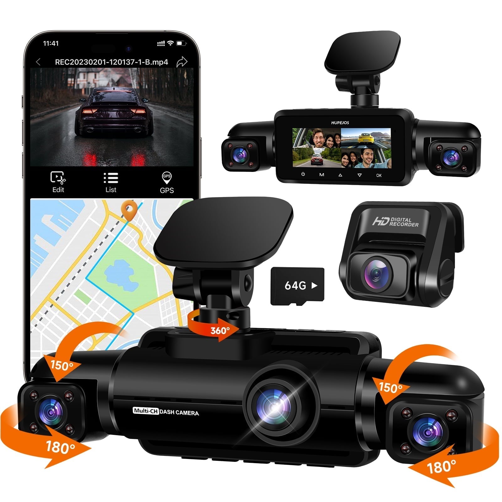 HUPEJOS Front and Behind Inside, 360¡ã 4 Channel FHD 4 * 1080P, Wi-Fi GPS Voice Control Automobile Camera, Front 2K+1080P*2 Car Camcorder for Cars, Free 64GB SD Card, Dark Vision