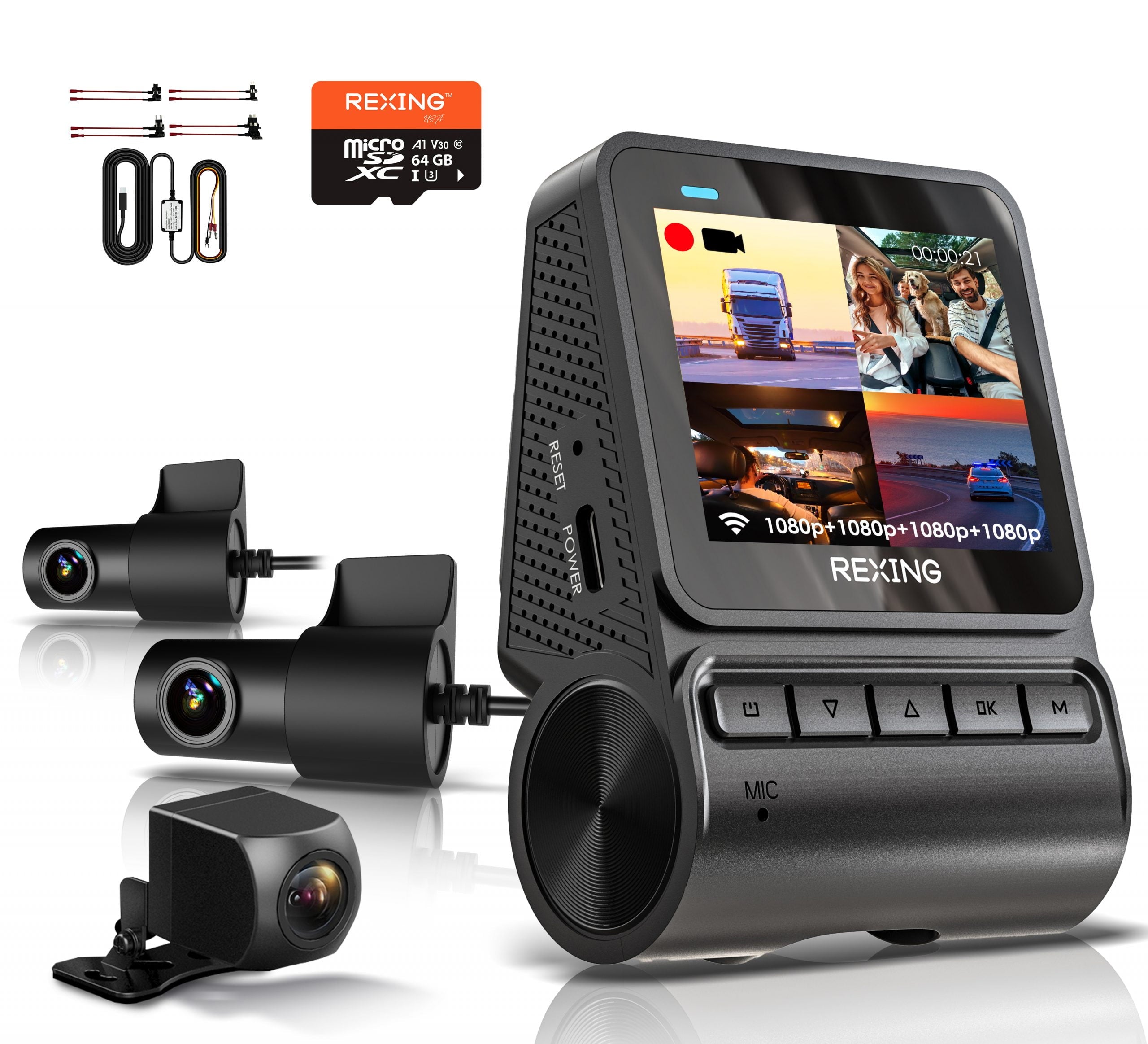Rexing RH2-4 Quad-Channel ¨C 1080p Front, Rear, Cabin, and Exterior Coverage with Wi-Fi, Optional GPS, Free 64GB Card & GPS Smart Hardwire Kit Included