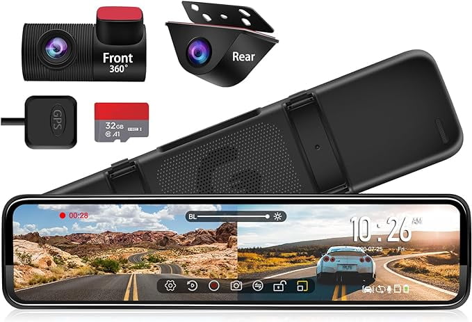 PORMIDO Mirror 12 with Detached Front Camera,Anti Glare Full Touch Split Screen HD 1296P,Car Backup Back Perspective Mirror Lens Dual Optics with Sony Sensor,Super Dark Vision,Parking Assistance