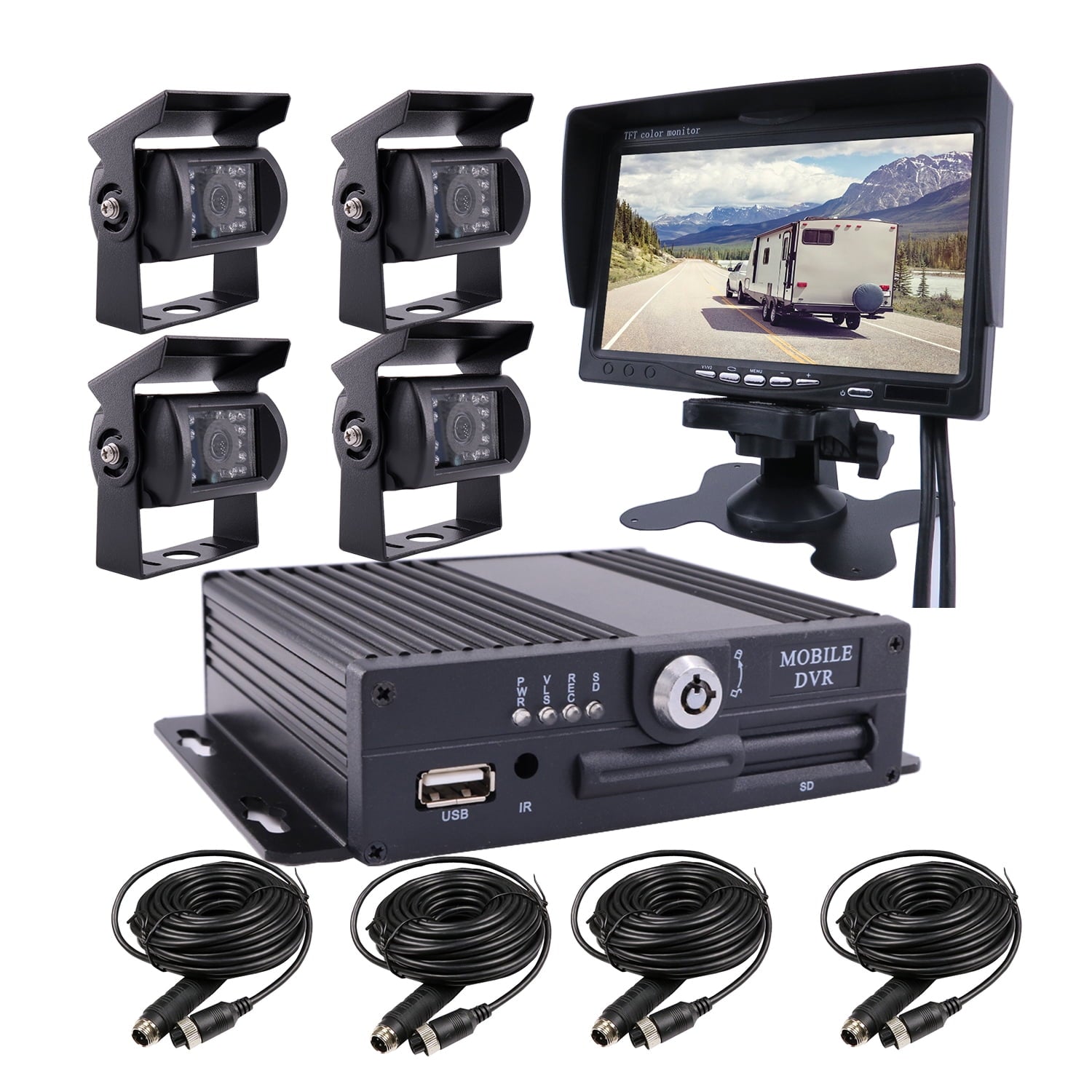 JOINLGO 4 Channel 256GB 1080P AHD HD Mobile Vehicle Vehicle DVR MDVR Video Recorder Kit with 4pcs Waterproof Side Behind Perspective Backup Dark Vision Metal IR 2.0MP Vehicle Recorder 7 HD Vehicle Screen